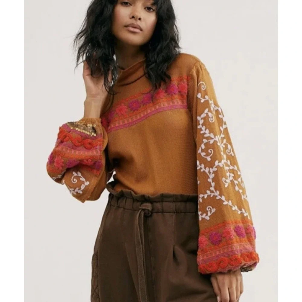 Free‎ People XS Cherish Me Top Embroidered Open Back Balloon Sleeve Top
